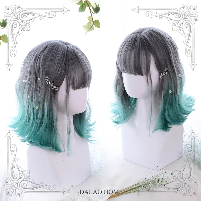 High Quality Harajuku Soft Girl Lolita Eversion Slight Roll Ink Jade Gradual Change Color Air Bangs Wig