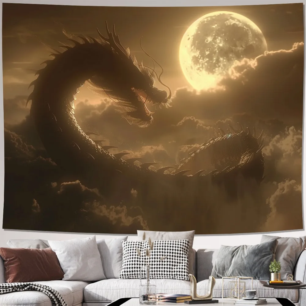 Gobelin z mitologicznym smokiem pod pełnię księżyca: Dramatyczna dekoracja ścienna o tematyce nocnego nieba do wystroju domu