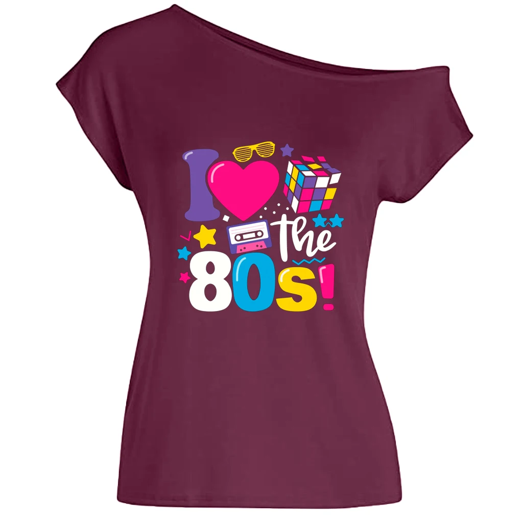 XUANSHOW 2024 Sommer I Love the 80s Emotional Element T-Shirt Sexy Off Shoulder Tops Kurzarm Buchstaben bedrucktes T-Shirt – Detail 26