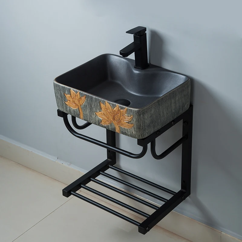 Wall-mounted washbasin, simple stainless steel stand, washbasin, ceramic wall-walled washbasin, bathroom, balcony, art,