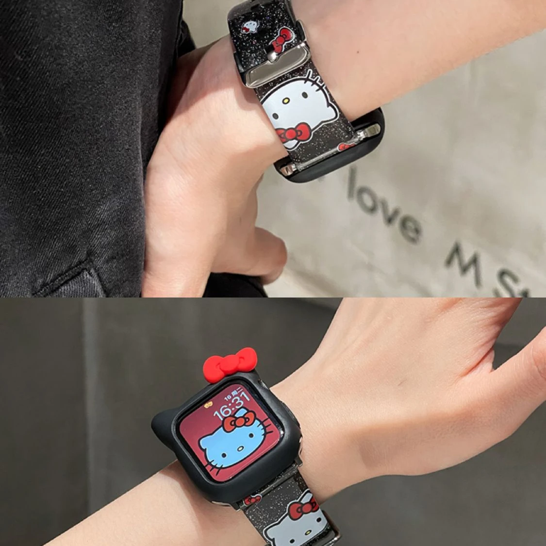 Hello Kitty Glitter Silicone Strap For iWatch band 45mm 44mm 41mm 42mm 40mm 38mm bracelet iWatch series 9 8 5 4 3 8 6 SE 7 Cover