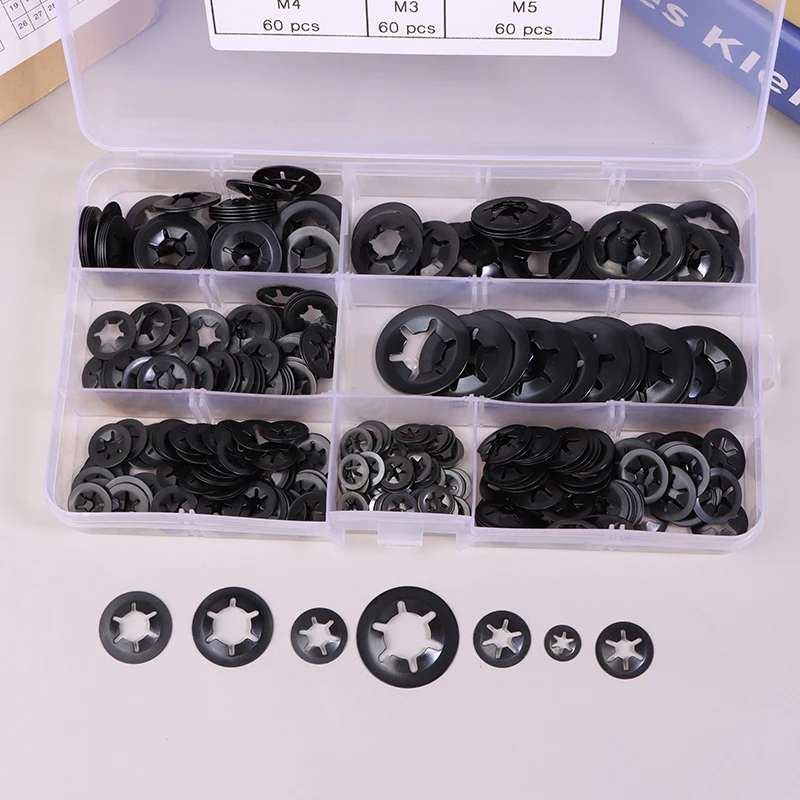 340pcs/box M3-M12 External Circlip Self-Locking Retaining Clip Push On Shaft Bearing Snap Ring Washer Kit Set Black 65mn Steel