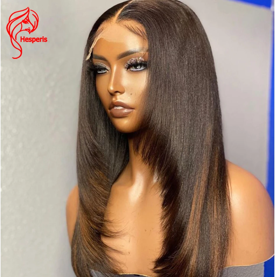 Hesperis Light Yaki Straight Lace Front Wig Highlight 13x6 Lace Frontal Human Hair Wigs Layered Bob Cut For Women Remy Brazilian