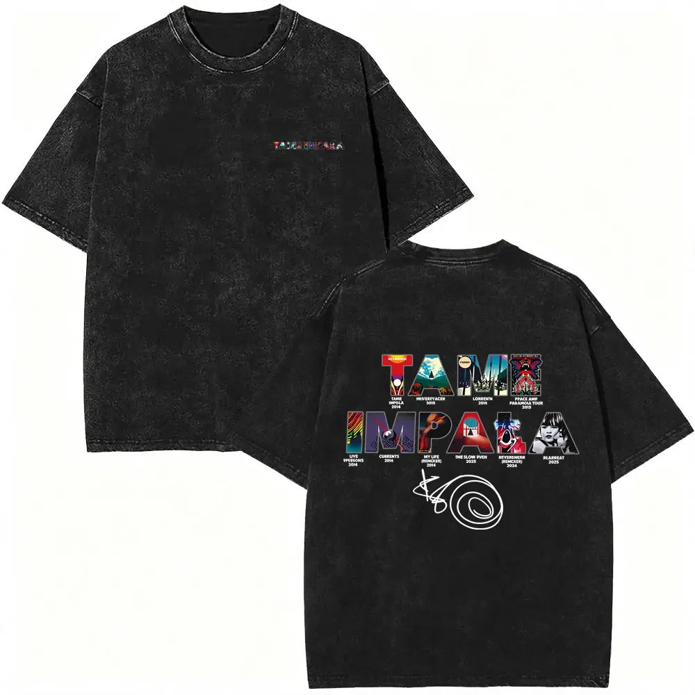 Vintage Washed Pop Rock Band Tame Impala Music Album Graphic T Shirt Men Women Casual Cotton Oversized T-shirt Male Streetwear