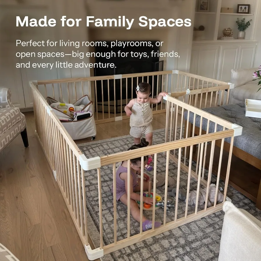 Kojec dla dziecka, drewniany kojec dla niemowląt i małych dzieci, duży plac zabaw, ogrodzenie dla dziecka, strefa zabaw, 142 x 142 x 61 cm