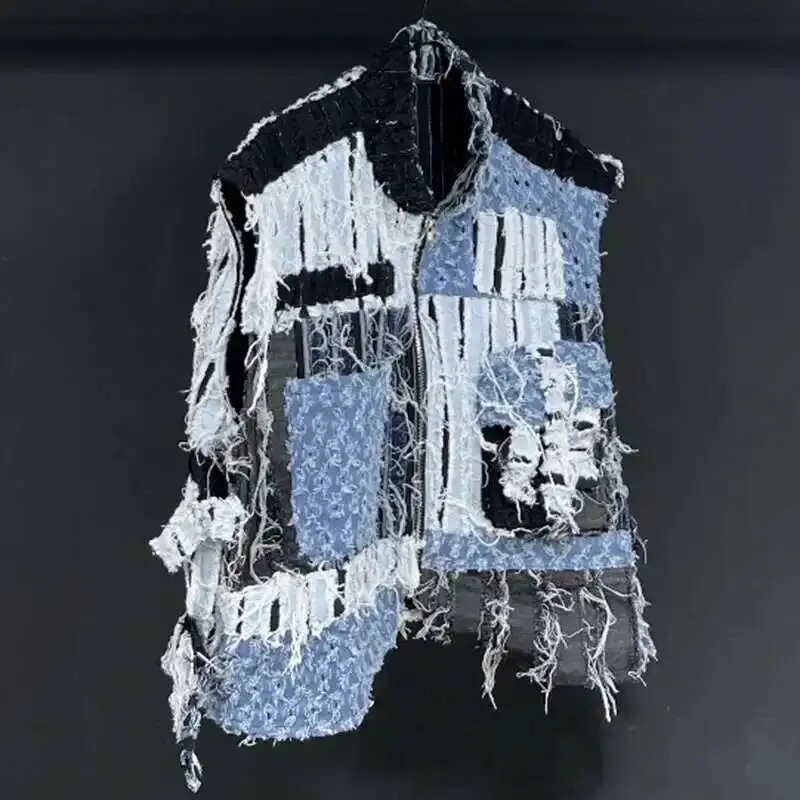 Summer Men's Worn Out Denim Vest High Quality Patchwork Techwear Creativity Contrast Color Motorcycle New Waistcoat ZSE34