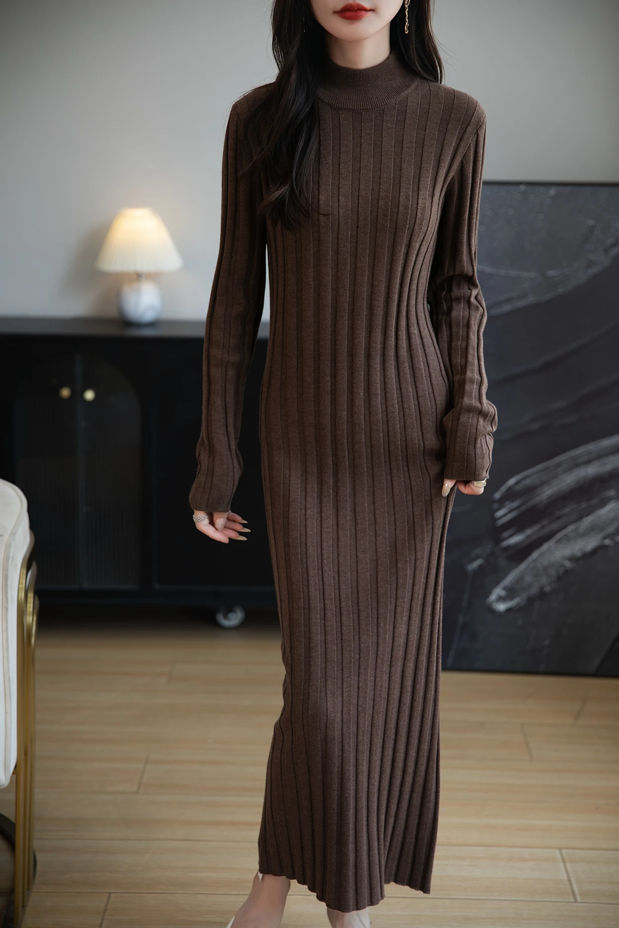 Merino Wool Blend Mock Neck Ribbed Knit chic Sweater Dress Women Clothing Fashion Knit Elegant Dresses Long Sleeve Luxury Skirts