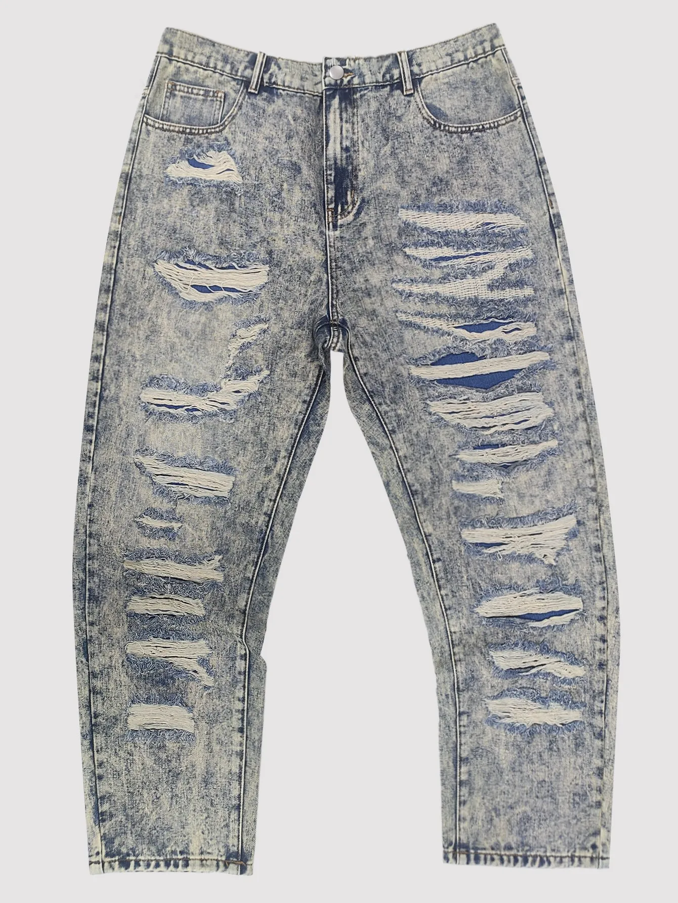 Plus size men's ripped gray blue washed jeans heavy industry multi-layer raw edge ripped straight trousers handsome trendy men view 3