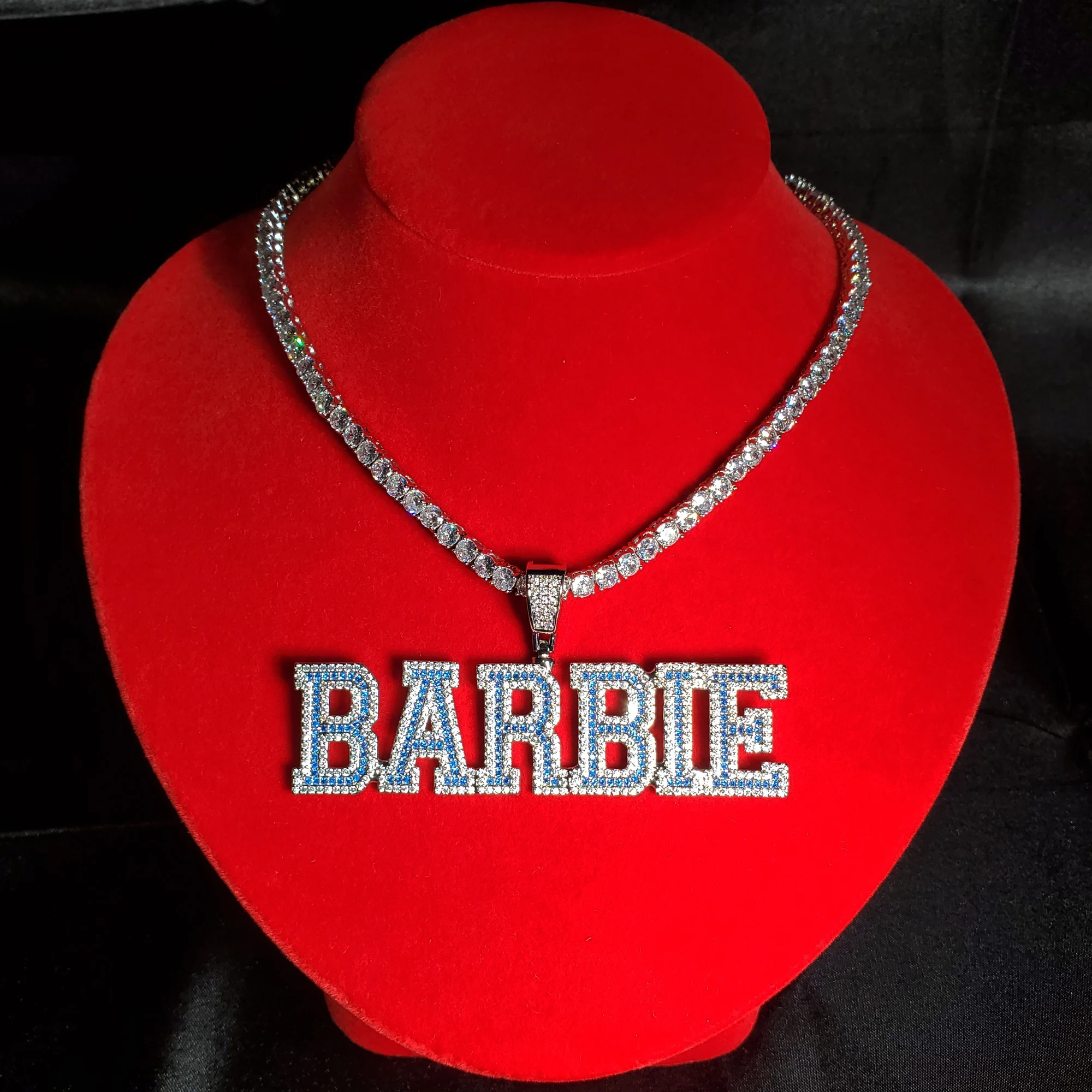 Blue Stone Custom Letters Necklace, Personalized Nameplate, Prom Jewelry, Personalized Name Chain, Bling Hip Hop Jewelry