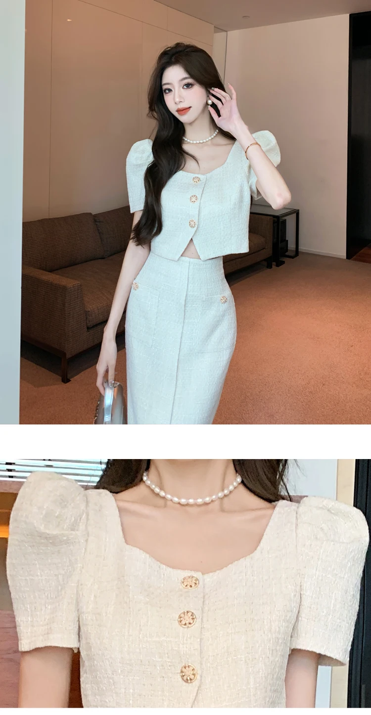 2024 New Summer Small Fragrant Women 2 Pieces Set Tweed Suit Single-Breasted Short Coats + Sexy Bodycon Long Skirts Lady Clothes