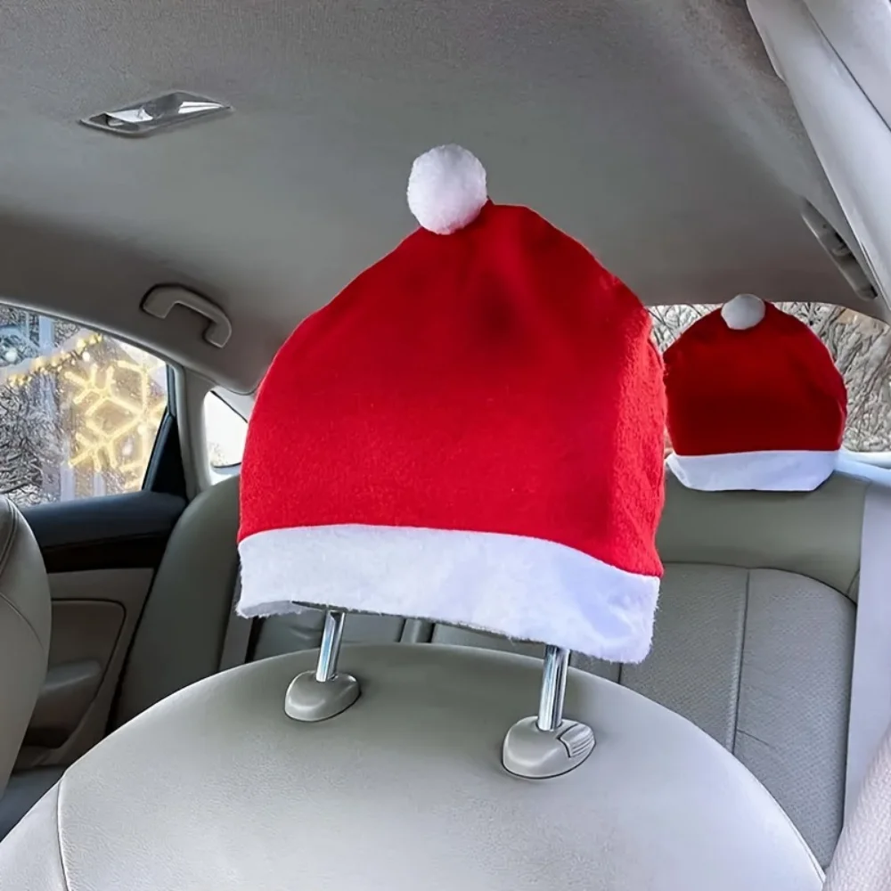 

4pcs Santa Hat Car Seat Headrest Covers Soft Red Santa Cap For Cars Funny Christmas Accessories Set For Most Car Headrest