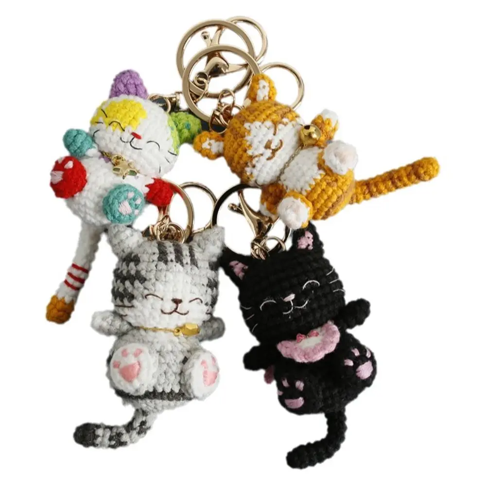 Creative Handmaking Crochet Kitten Keyrings Knitting Cartoon Handwoven Cat Pendant Animal Kawaii Cat Key Chain Bag Decor