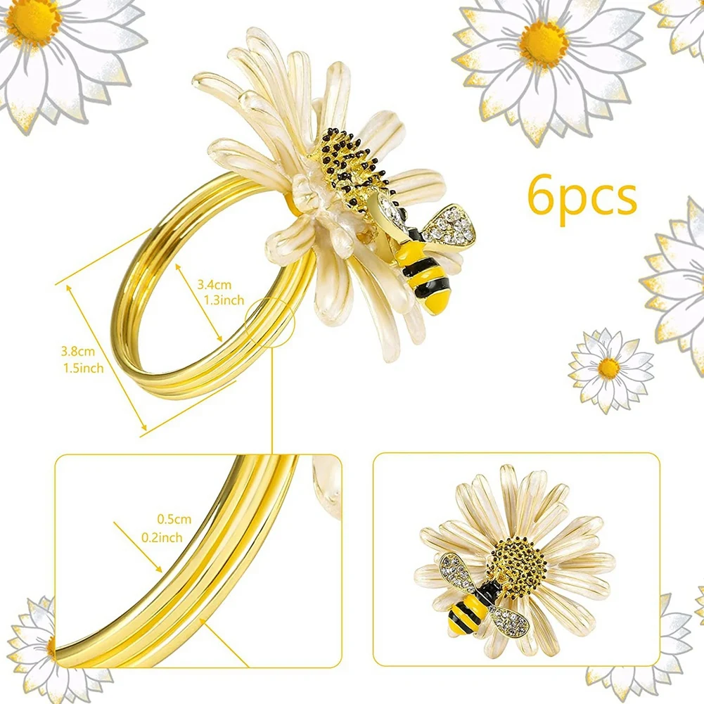 ABJO-Set Of 12 Daisy Sunflower Napkin Rings, Gold Bee Napkin Ring Holders For Formal Or Casual Dinning Table Decor
