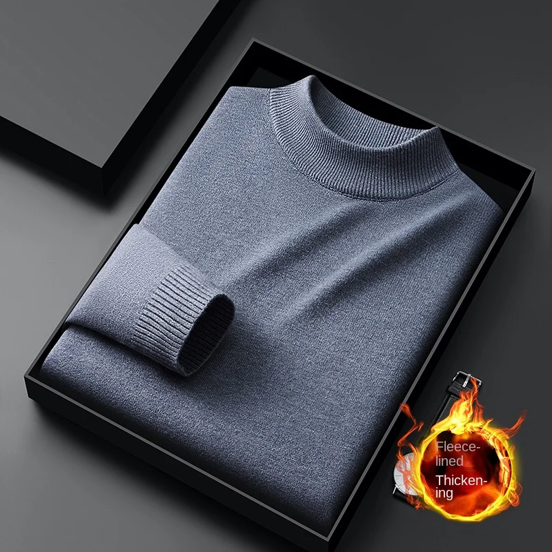 Winter Warm Sweater Men's Fleece-lined Cold-Resistant High-End All-Match Stretch Casual Fashion round Neck Thickened Sweater