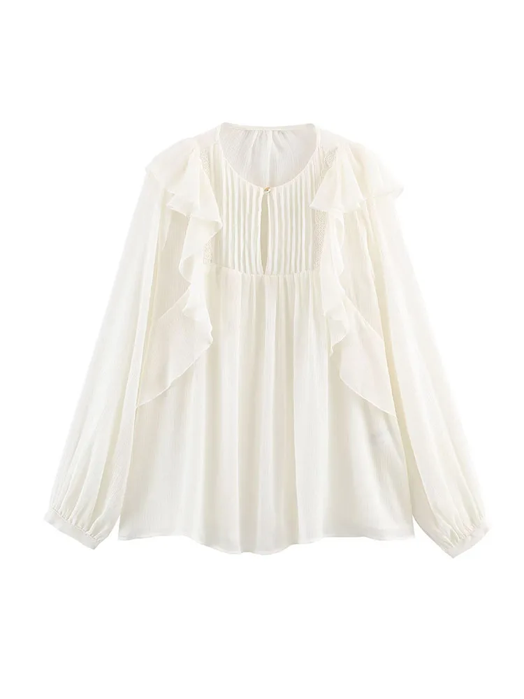 

Женская весенняя модная универсальная блузка с круглым вырезом, оборками и декоративными элементами, повседневная, с длинным рукавом, для создания элегантного образа