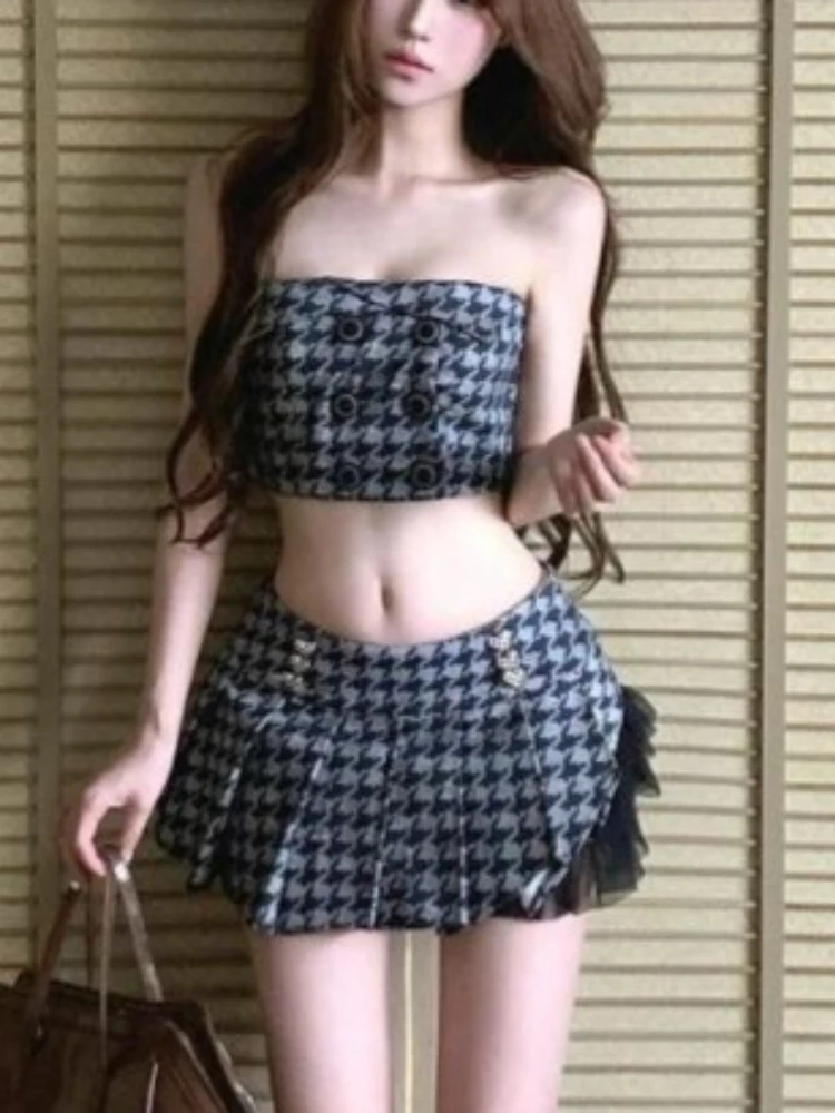New Summer Sexy Sweet 2 Piece Set Women Chic Design Vintage Y2k Strapless Tops + Mini Skirts Harajukju Casual Retro Outfits 2026