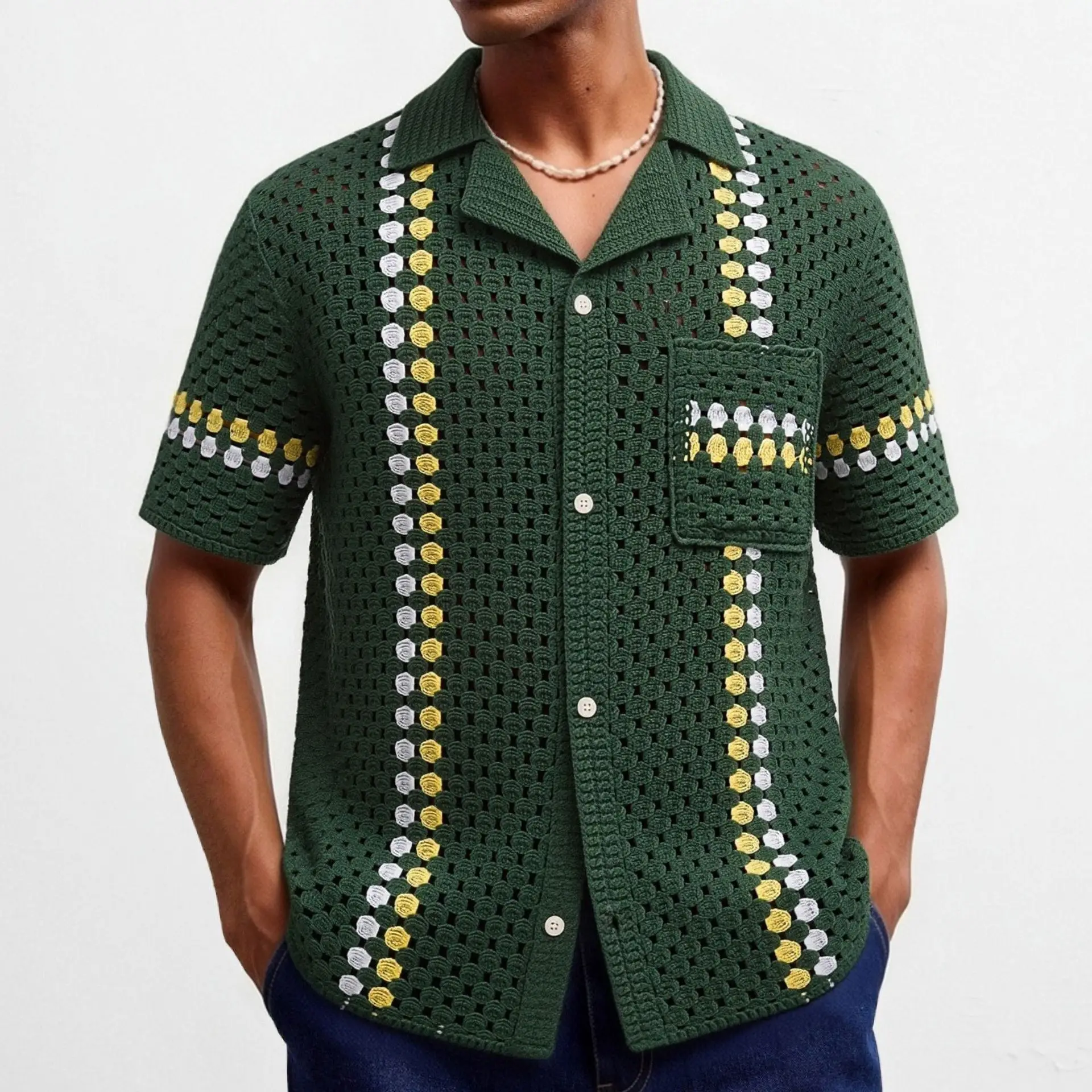 European and American men's crochet hollow knitted shirt, contrasting striped Cuban collar short sleeved cardigan, polo shirt