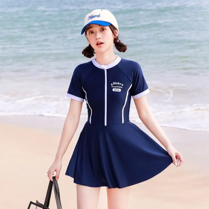 Children's Short Sleeve Sun Protection Swimsuit, Teenage Girls Swimwear, Young Girl's Hot Spring Beach Suit, 1 Pc