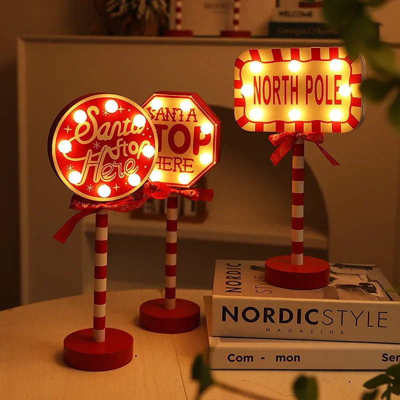 

2024 Christmas Street Sign Light with Bow Santa Claus Stop Letter Wooden Sign LED Night Light Retro Desktop Decoration