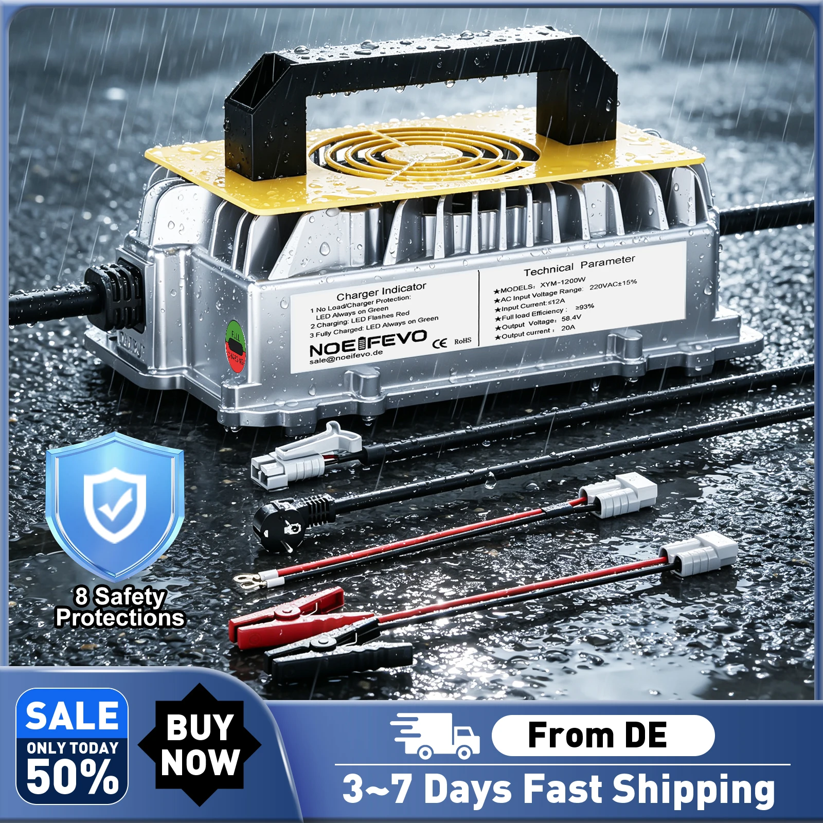NOEIFEVO 12V 50A 20A 48V 20A 25A LiFePO4 Batterieladegerät 14.6V/58.4V LiFePO4 Batterieladegerät, 0V BMS-Aktivierung, automatische Abschaltung