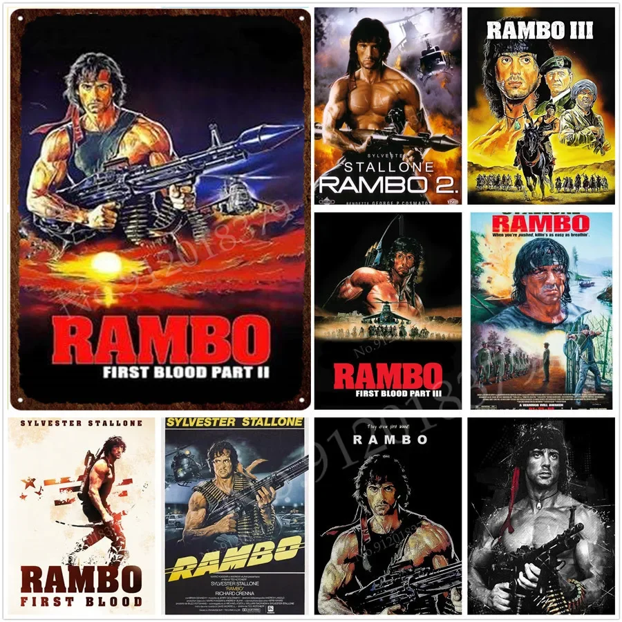 Placa de Metal Vintage HD Rambo: Primeiro Sangue - Decoração de Parede Retrô com Pôster de Filme de Ação de Sylvester Stallone para Fãs de Ação