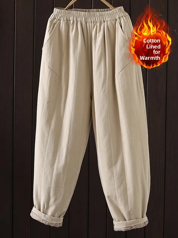 عادية فضفاض القطن هارلان السراويل Thiened مرونة الخصر حجم كبير المرأة شتاء جديد Sle الفني لون نقي سراويل قطنية #2