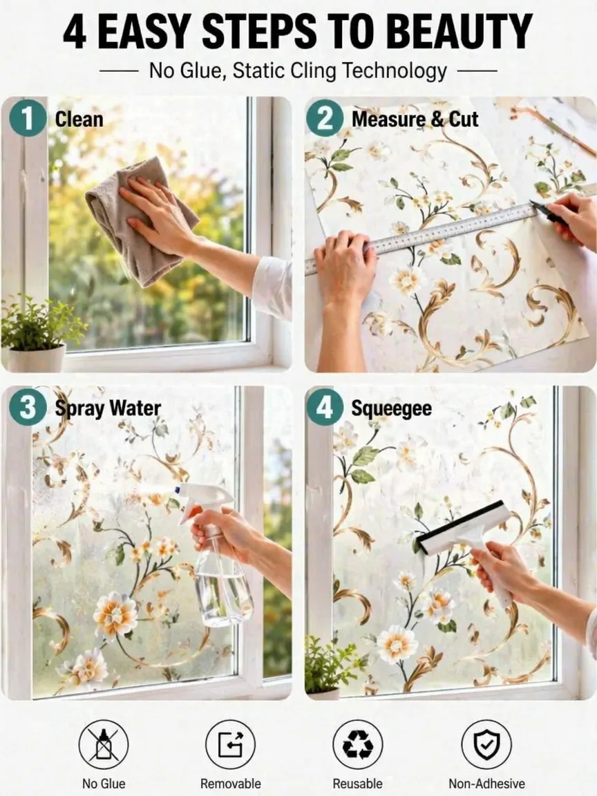 Embroidery Pattern Frosted Privacy Window Film Translucent Light Block Static Cling Removable for Bathroom Glass view 6