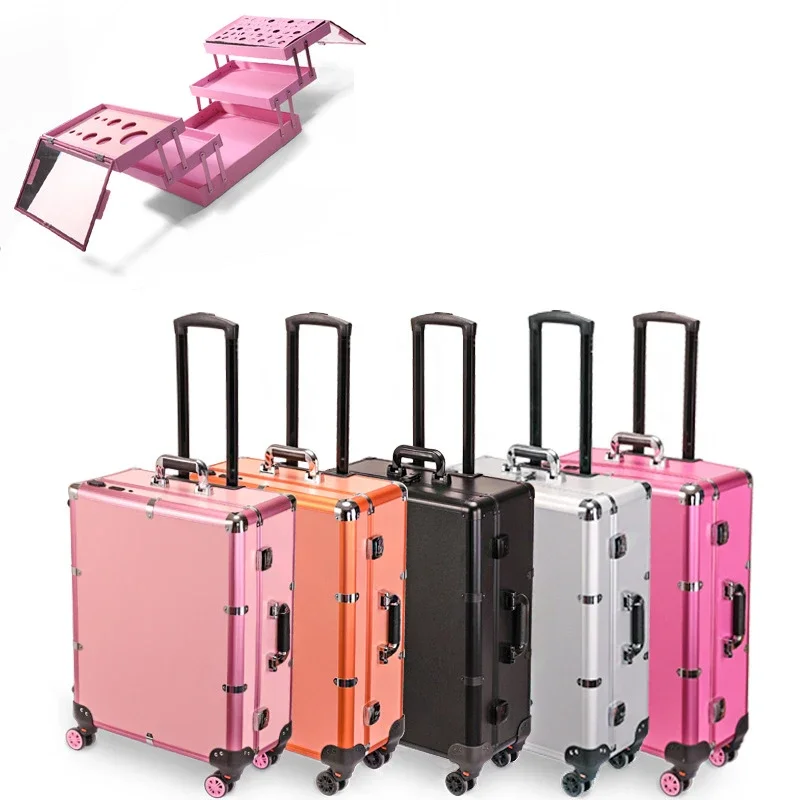 NEW Professional Rolling Cosmetic Case Beauty Makeup Trolley suitcase LED Light Mirror Luggage Aluminum frame Folding table