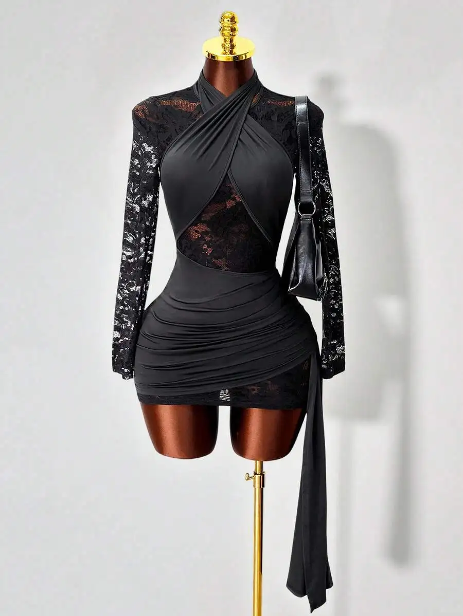 

Black Lace Long Sleeve Wrap Dress with Ruched Waist and Asymmetrical Hem