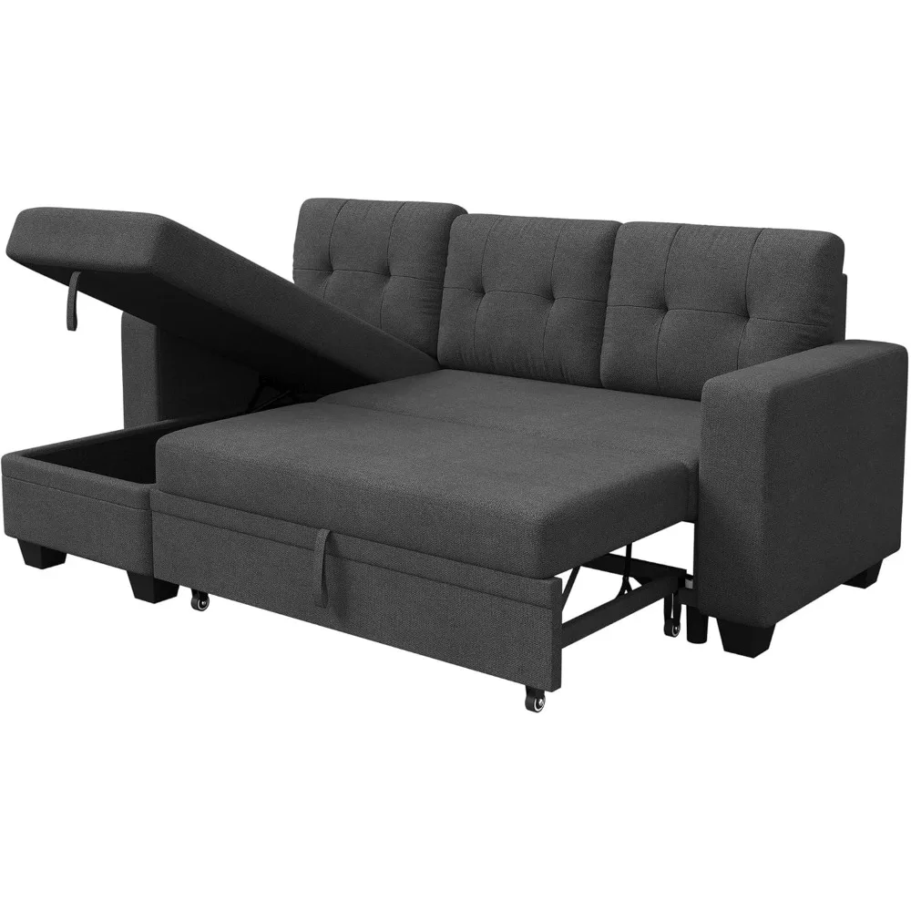 Sofa Bed Reversible Convertible Sleeper Pull Out Couches with Storage Chaise, Linen Fabric Furniture for Living Room, Dark Gray