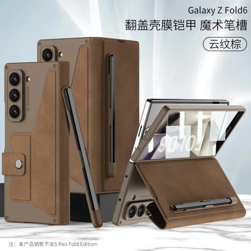 

Чехол для экрана и телефона с держателем для карт Fold 7, чехол для Samsung Galaxy Z Fold 7, 6, слот для ручки, магнитная пряжка, кошелек из искусственной кожи + жесткий чехол для ПК
