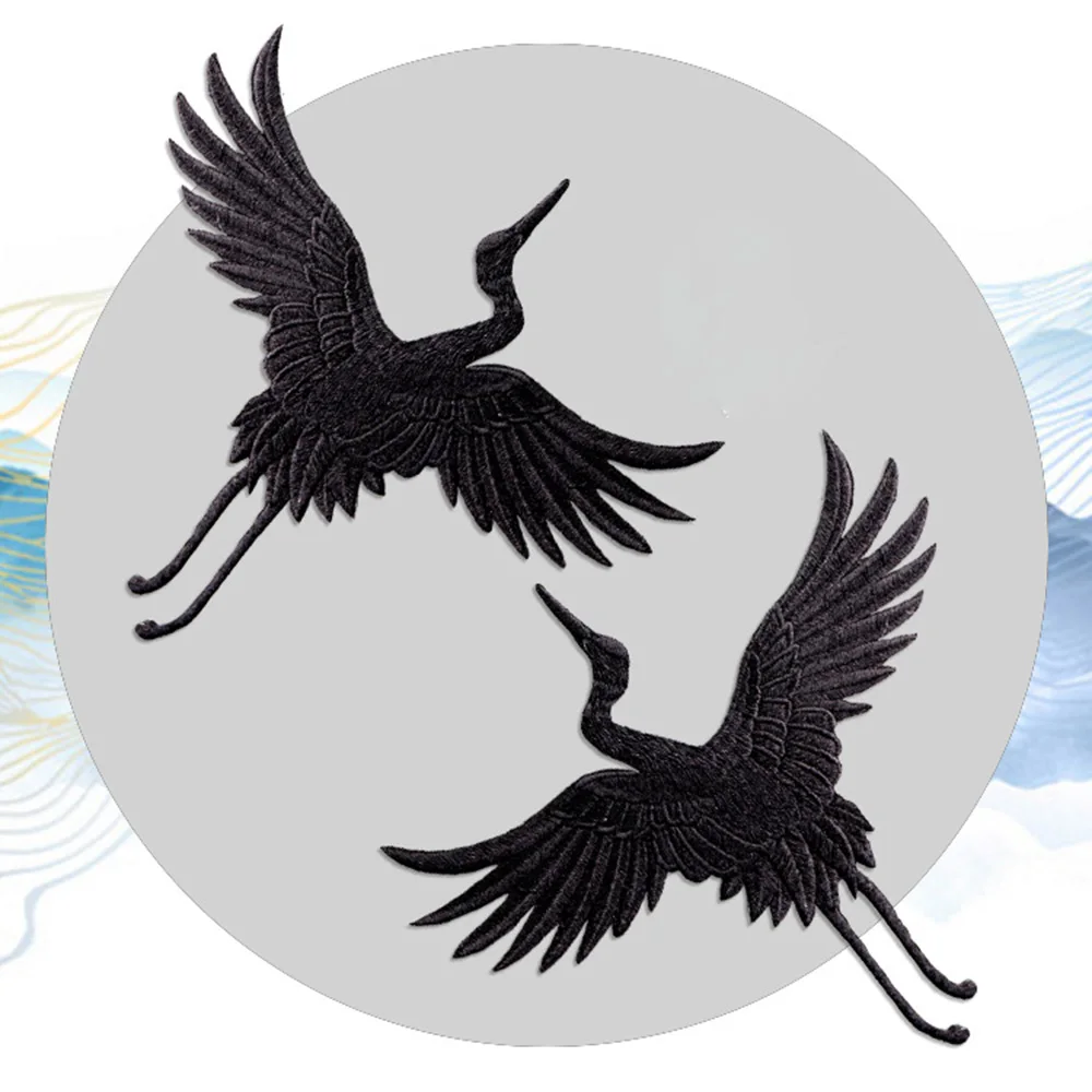 Chinese Style Embroidery Stickers, Black and White Cranes, Iron on Fabric, Backing Stickers, Clothing Accessories, 1 Pc