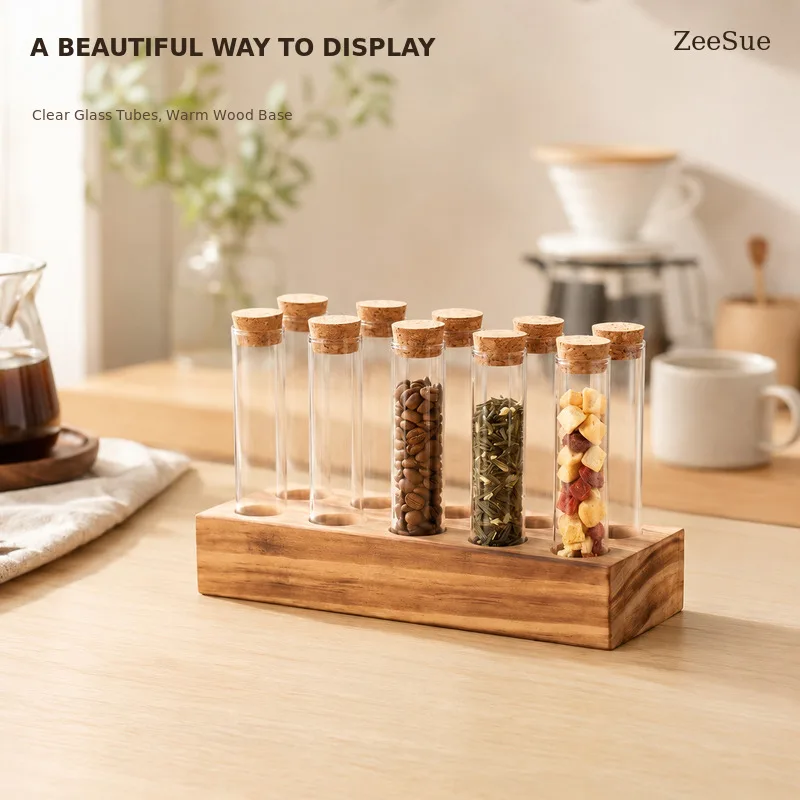 Glass Test Tube Storage Rack with Cork Stoppers and Wooden Base, Countertop Organizer for Coffee Beans, Loose Tea, Spices and Dr