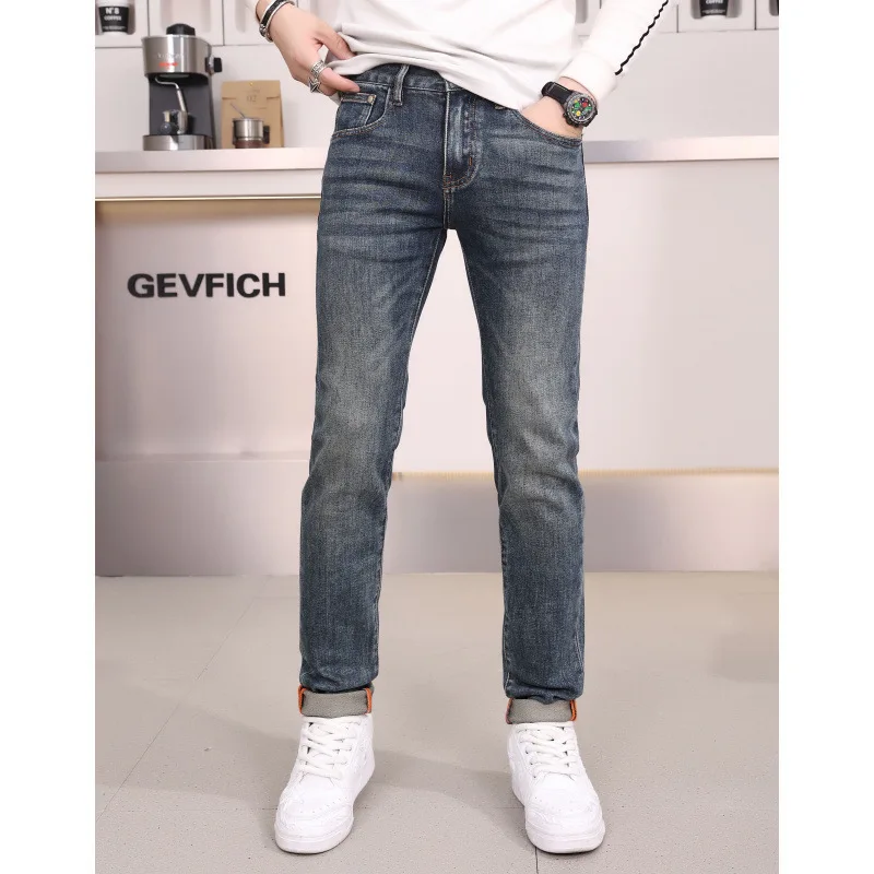 Back pocket embroidered printed jeans men's light luxury High-End2024New autumn and winter slim fit skinny pants