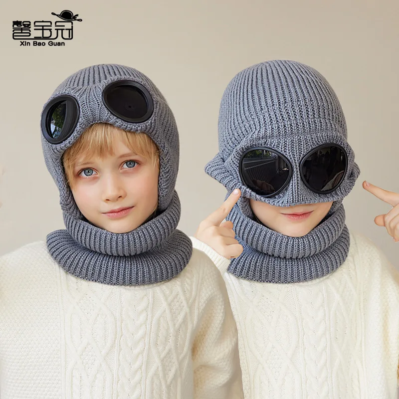 

-Border Children's Hat Scarf Two-Piece Set Winter Fleece-lined Earflaps Woolen Hat Knitted Sleeve Cap with Glasses