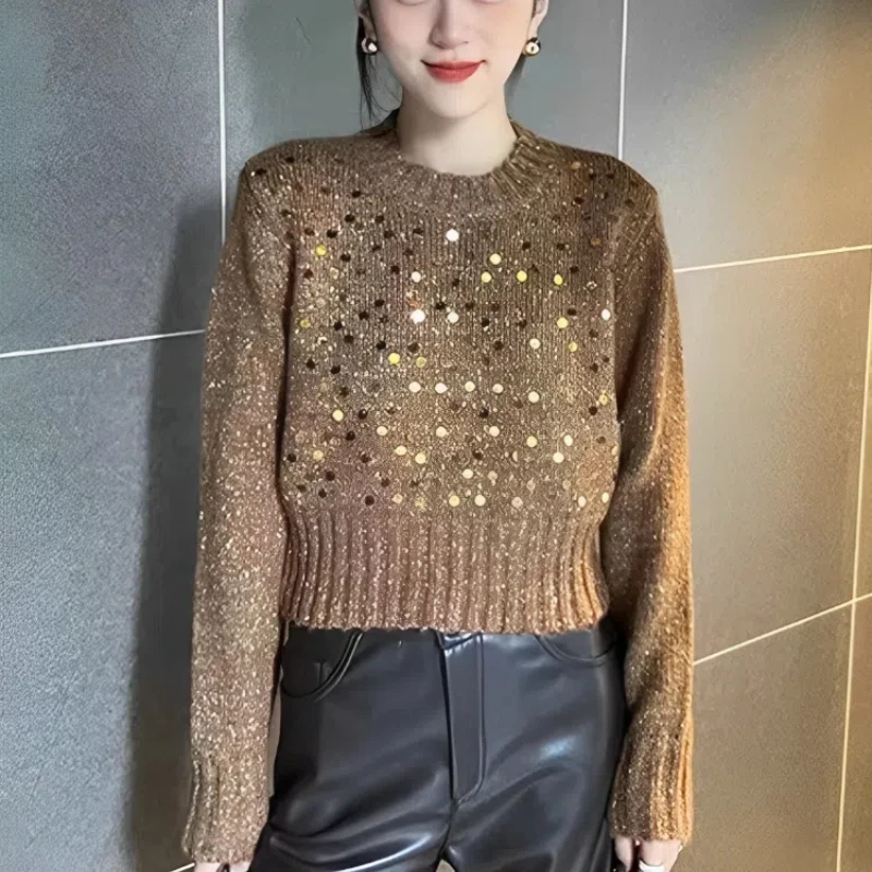 

Корейские модные осенние свитера, женские однотонные корсеты с круглым вырезом и блестками, повседневные универсальные короткие пуловеры с длинными рукавами, трикотажные топы