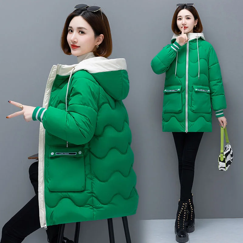 2023 New Down Cotton-padded Women Medium Length Large Size Hooded Loose Commuter Solid Color Hooded Cotton-padded Niche Coat