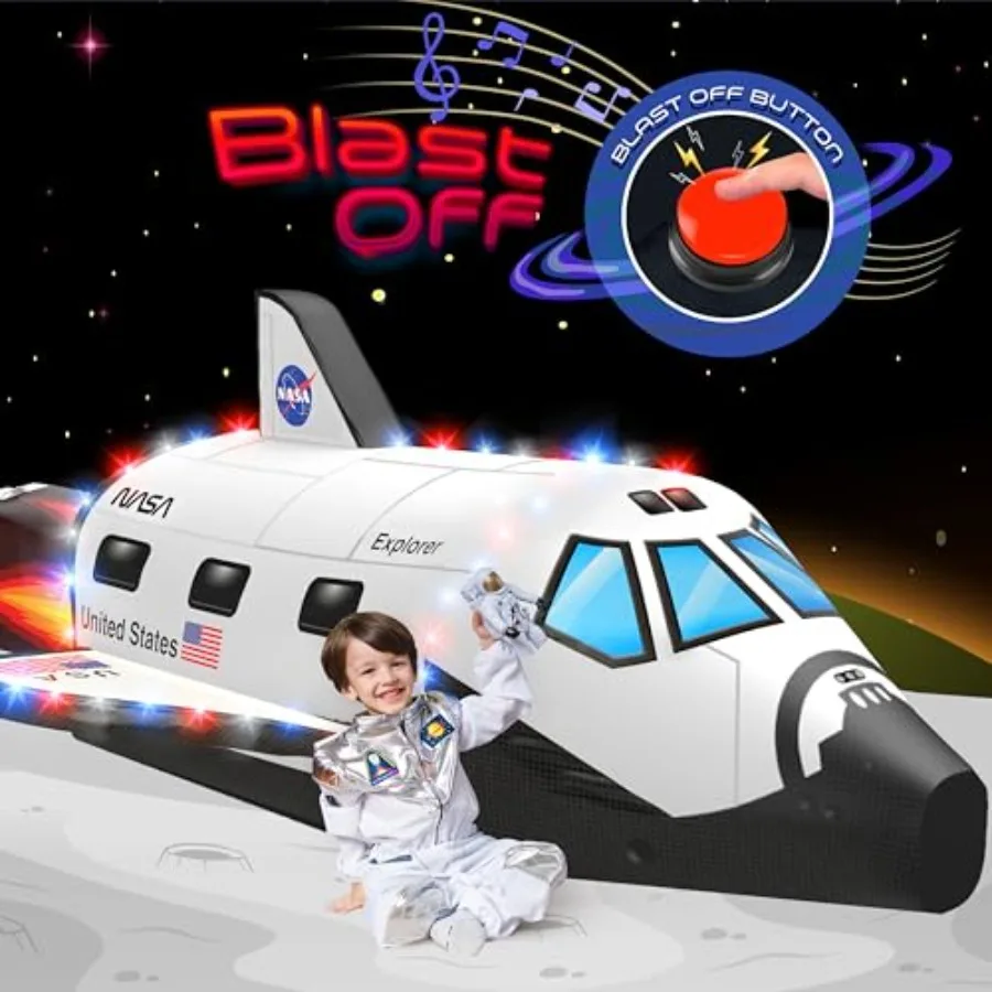 

' space adventure inflatable rocket ship tent for ages 3-12 durable polyester fabric navy blue with silver accents LED lights a