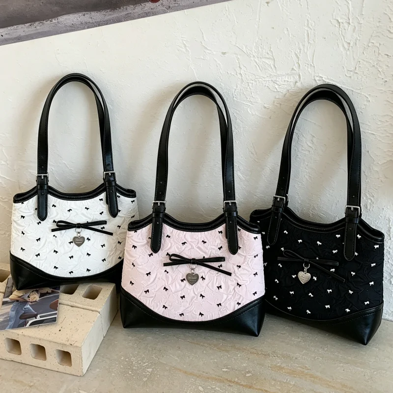 

Korean Bow-knot Textured Shoulder Bag Y2k Sweet Girls Tote Bag Fashion Color Block Simple Casual Zippered Handbag