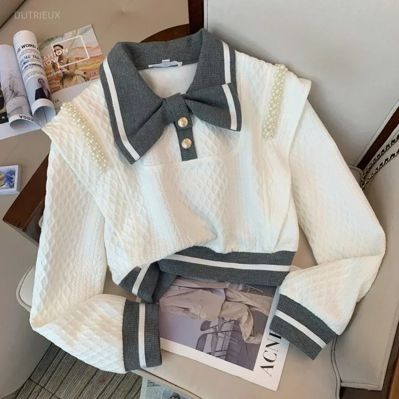 Fashion 2 Piece Sets Women Clothing Sweet Beading Bow Hoodie Tops High Waist Straight Wide Leg Pants Outfits Casual Korean Suit