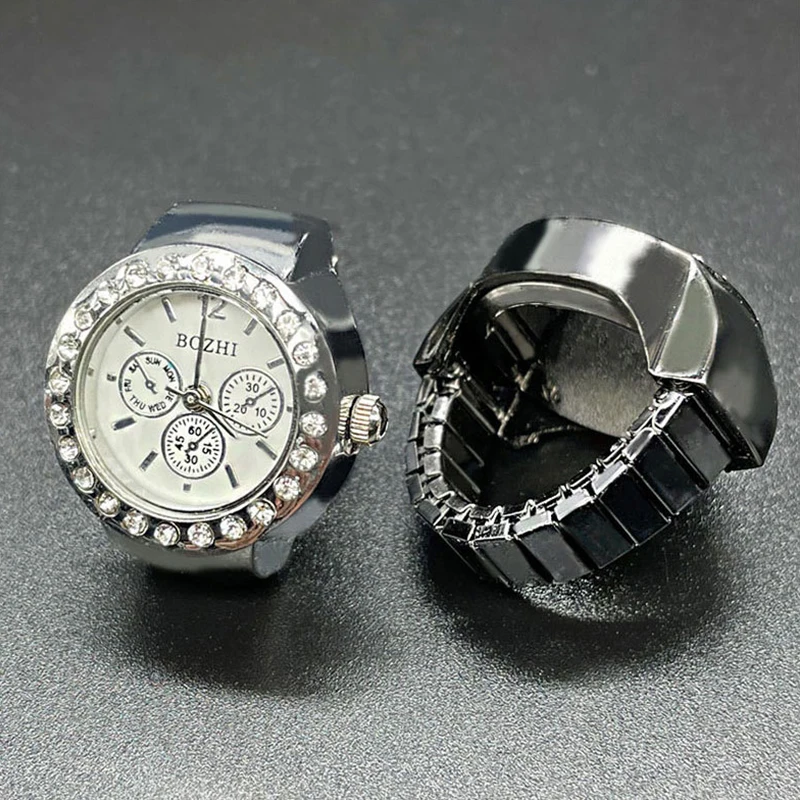 Creative Clock Shape Watches Rings Movement Quartz Rhinestone Decor Watch Finger Ring Punk Mini Elastic Strap Ring Jewelry Gift