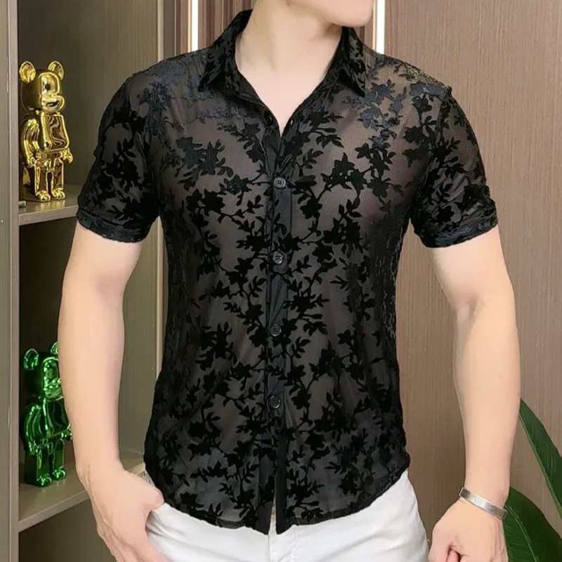 

Mens Transparent Shirt Summer European Style Sexy Lace Shirt For Male See Through Mesh Shirt Club Party Prom Chemise Homme 98kg