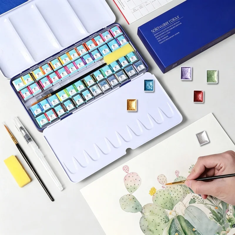 master-grade-solid-watercolor-paints-24-36-48-colors-pearly-gouache-paint-metal-watercolor-tins-palette-case-with-paintingbrush
