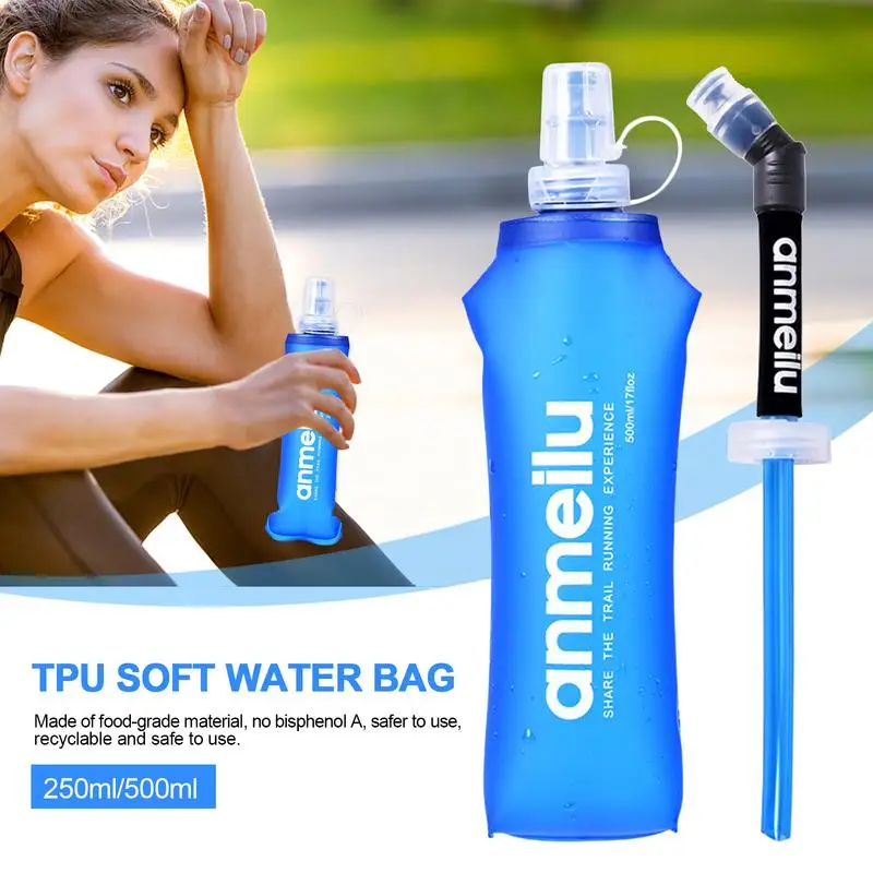 Folding Soft Flask, BPA Free Straw, Collapsible Water Bottle, Running, Jogging Hydration Bladder Pack Vest, 250ml, 500ml