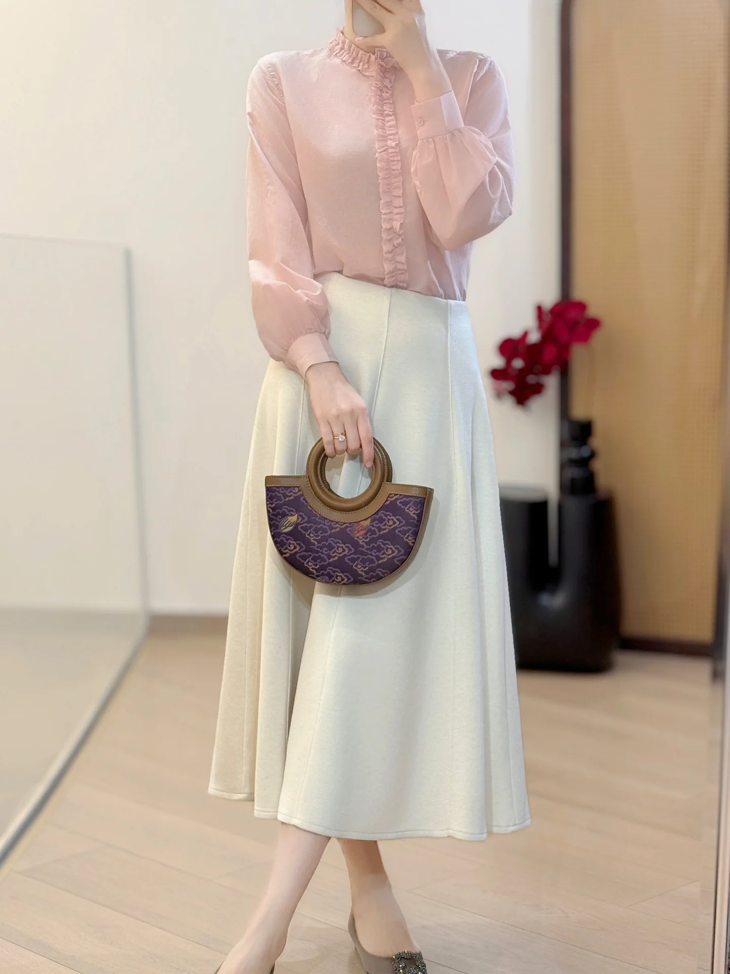 

Нежный топ Petite Sweet Sle для ранней весны с рюшами, из шелкового хлопка, цвета розовой воды, свободного кроя, с длинными рукавами и цветочным воротником