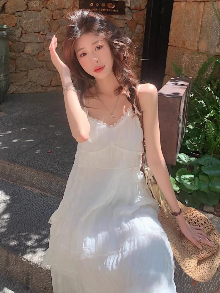 Estilo francês branco elegante vestido de renda cinta espaguete em camadas vestidos de verão praia férias 2025 novo vestido longo feminino para meninas