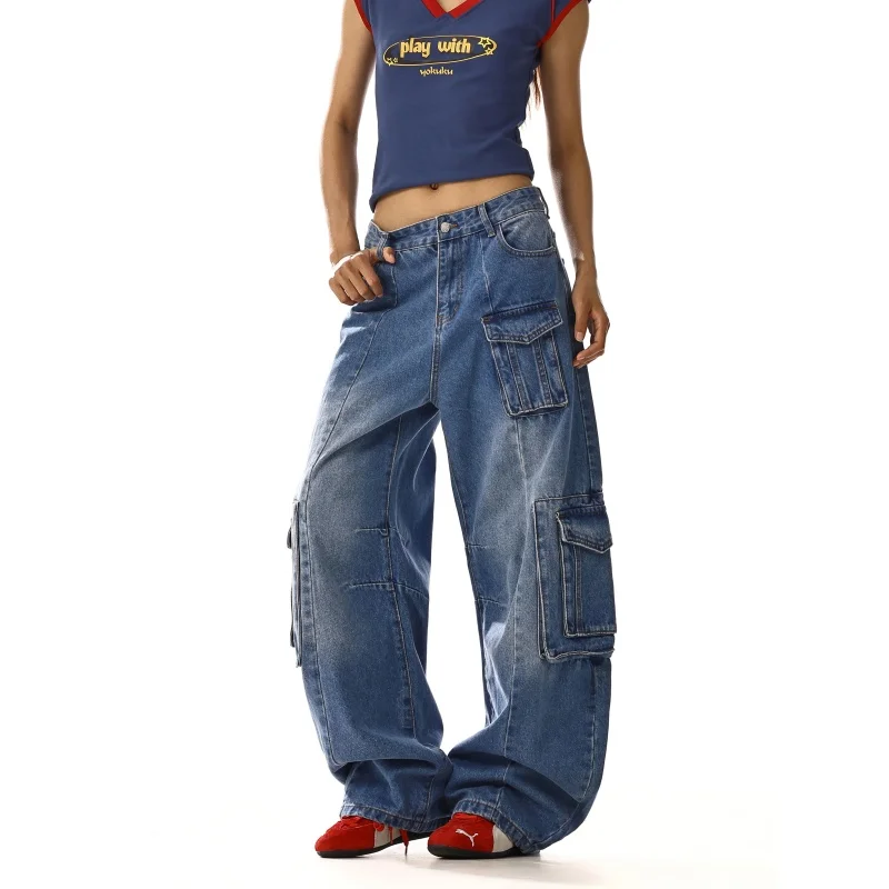 

Women Blue Y2k Baggy Cargo Jeans Harajuku 90s Vintage Denim Trousers Japanese 2000s Style Wide Leg Jeans Pants Oversize Clothes