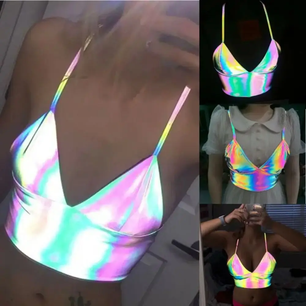 Sexy Colorful Reflective Laser Tops V Neck Slim Tube Chest Wrap Satin Bandeau Underwear Club Party