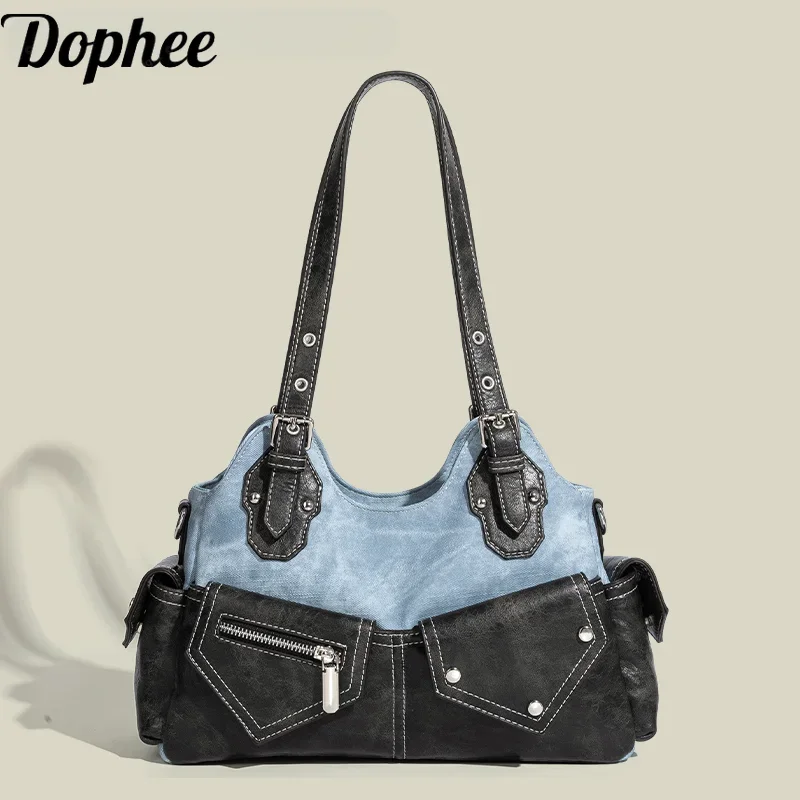 Dophee Original Fashion Lady Motorcycle Underarm Bag Colorblock Single Shoulder Crossbody Bag PU Leather Women Handbags 2024