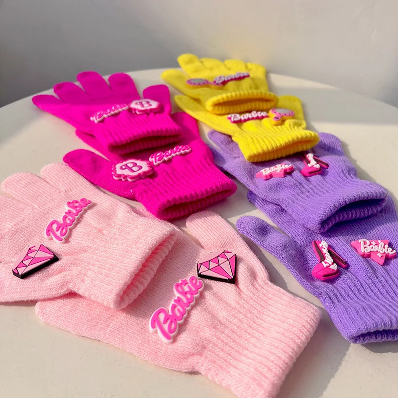 

New Pink Barbie Five-finger Gloves Cartoon Cute Fall and Winter Student With Riding Cold Warm Split-finger Knitted Gloves Female